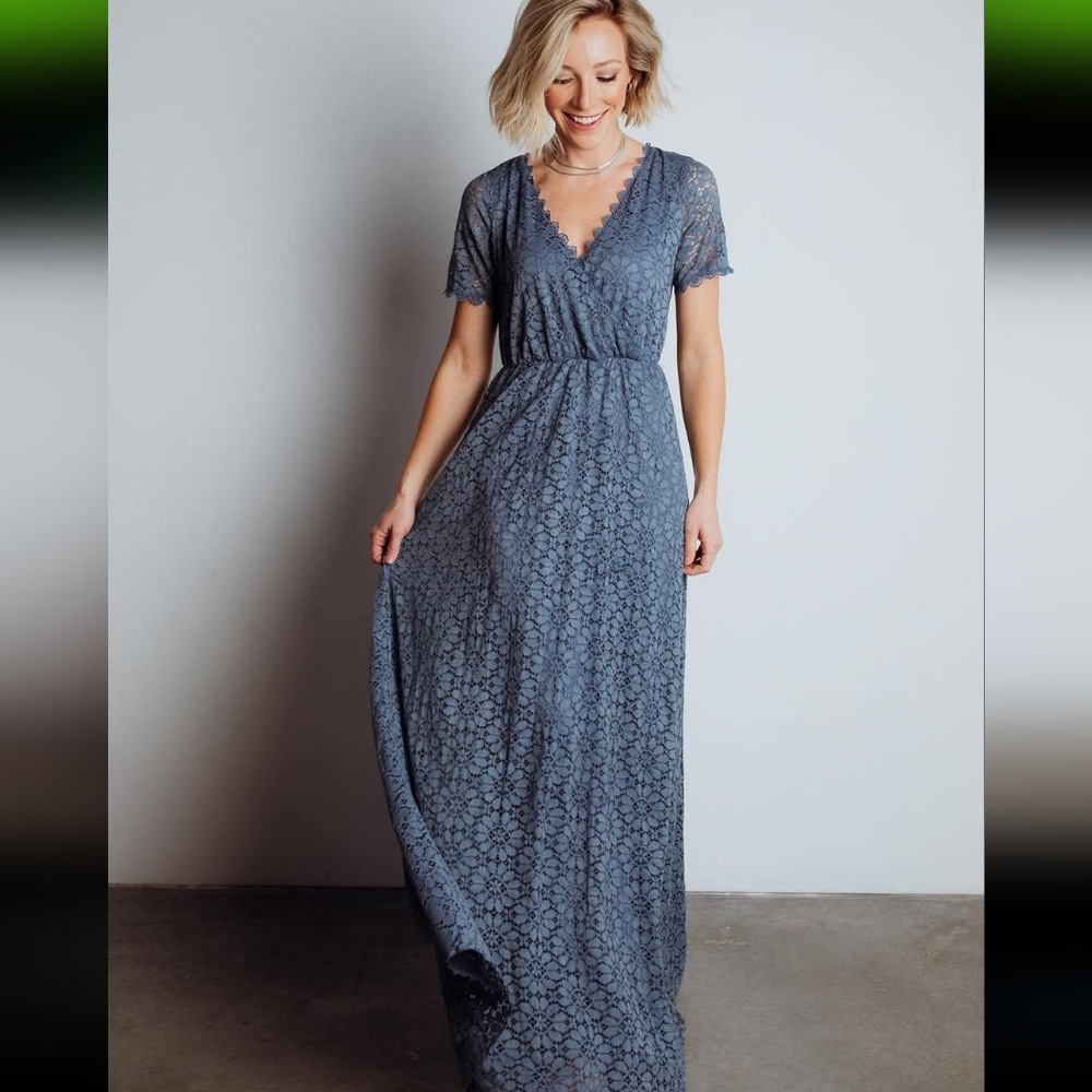 Baltic Born Venice Lace Slate Blue Short Sleeve Maxi Dress Women's Size Small S
